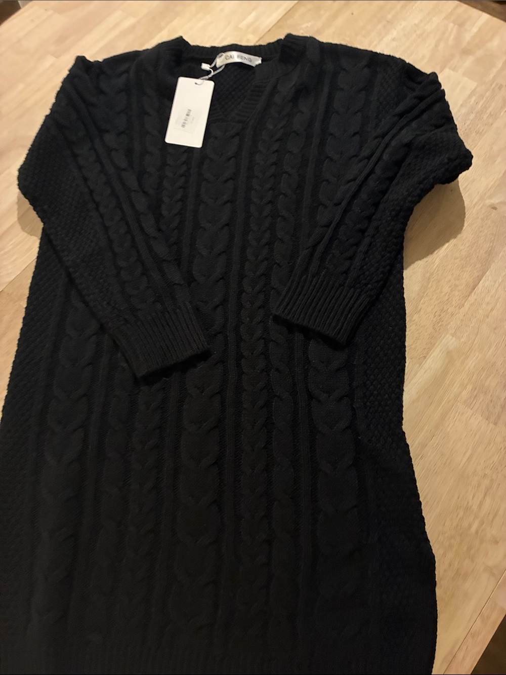 CAI FENG Black Cable Knit V-Neck Sweater Dress 6